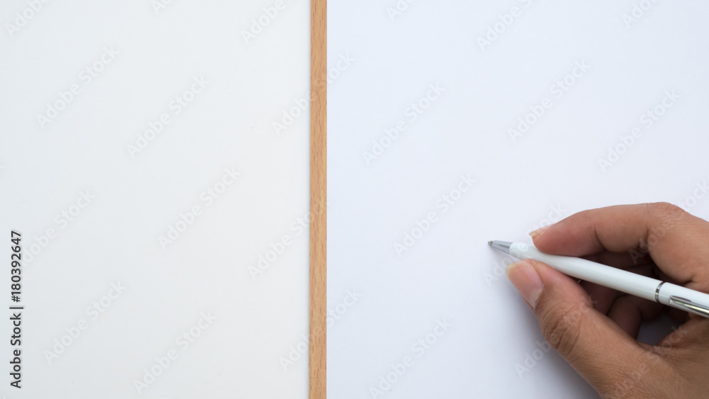 top view paper board with hand write pen and white background Stock