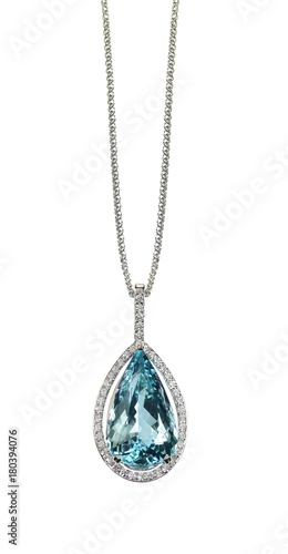 Blue Topaz Diamond drop pear shape gemstone halo necklace on a chain