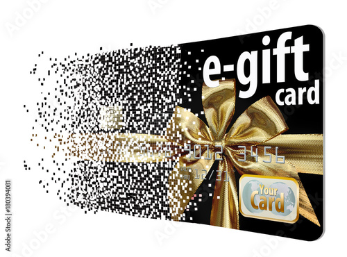 Virtual e-gift cards reside in cyberspace and on your devices. They are represented in this illustration as a traditional gift card disintegrating into pixels. Isolated on white background.