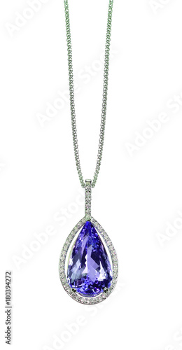 Purple Tanzanite Amethyst Diamond drop pear shape gemstone halo necklace on a chain