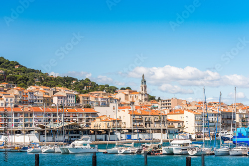 View of the harbor with yachts, Sete, France. Copy space for text.