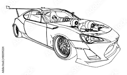 Sports car. Stock Illustration in the style of hand-drawn linear graphics.