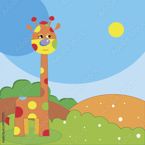  Vector illustration of Cute cartoon funny giraffe walking in the park. 