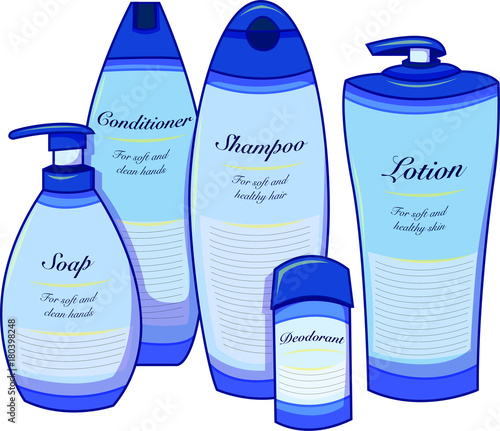 Vector illustration of  five blue care products. Soap, lotion, shampoo, deodorant toiletries.