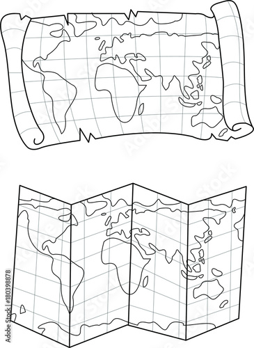 Vector illustration of an old and a new world map. Lines of a treasure hunt and fold up types of maps.