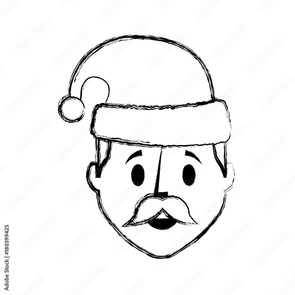 flat line uncolored man face with santa hat over white background vector illustration flat line uncolored man face with santa hat over white background vector illustration