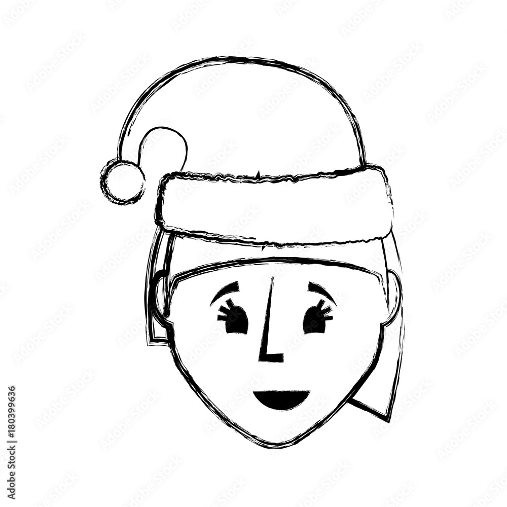 flat lien uncolored woman face with santa hat over white background vector illustration flat lien uncolored woman face with santa hat over white background vector illustration