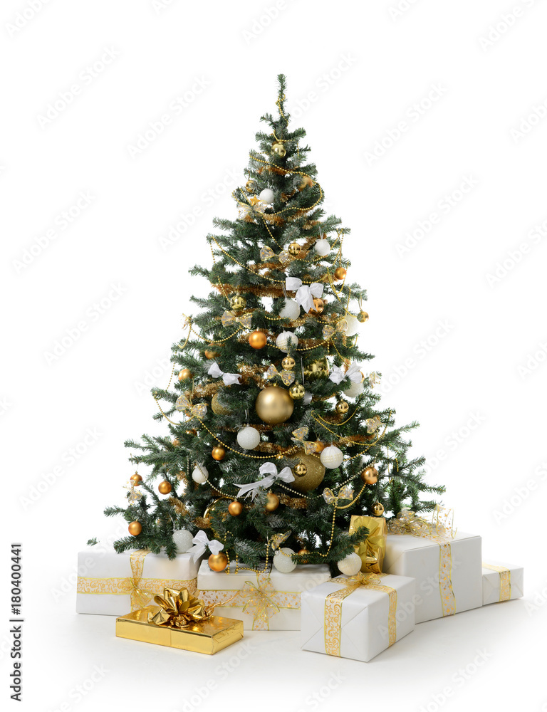 Decorated gold Christmas tree with golden patchwork ornament artificial balls and gift presents for new year