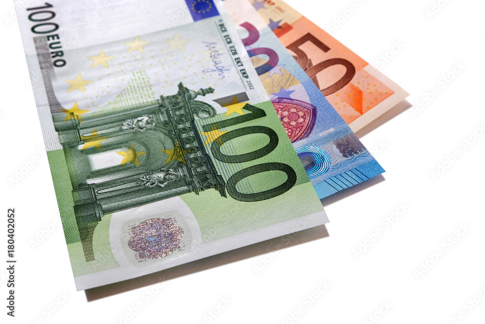 Euro fifty 50 twenty 20 and one hundred 100 currency money bill note or banknote fan shape isolated on white background photo Euro fifty 50 twenty 20 and one hundred 100 currency money bill note or banknote fan shape isolated on white background photo