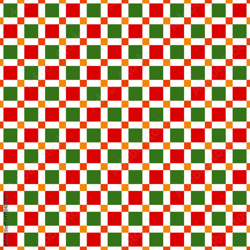 Seamless pattern made of colorful squares - orange, green and red squares on white background, christmas stylized endless swatch