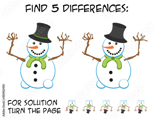 Child game - find 5 differences in pictures; with step by step solution; picture of cute smiling snowman with green scarf and cheering 