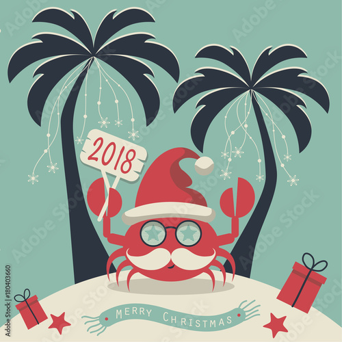 Christmas on the island. Depicts two palm trees, a crab in Santa Claus hat, garlands of snowflakes, presents on the sand , starfish and scarf with the words merry christmas.