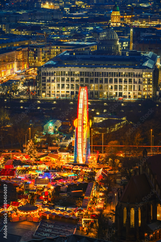 Fototapeta premium Aerial view on christmas market in Alexanderplatz at night, Berlin, Germany