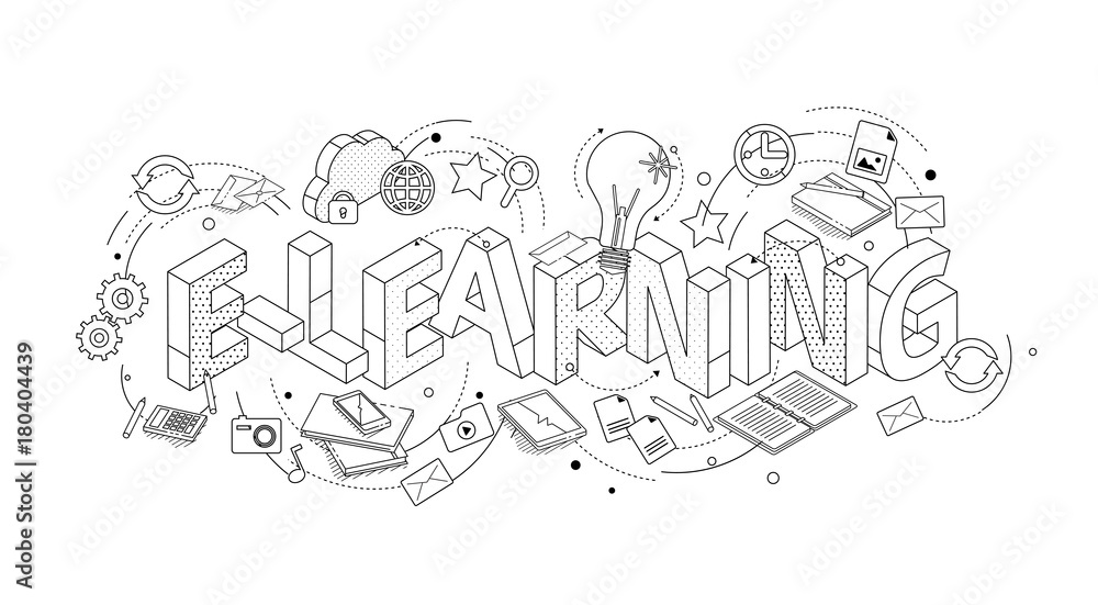 Obraz premium Isometric concept with thin line letters, typography word e-learning