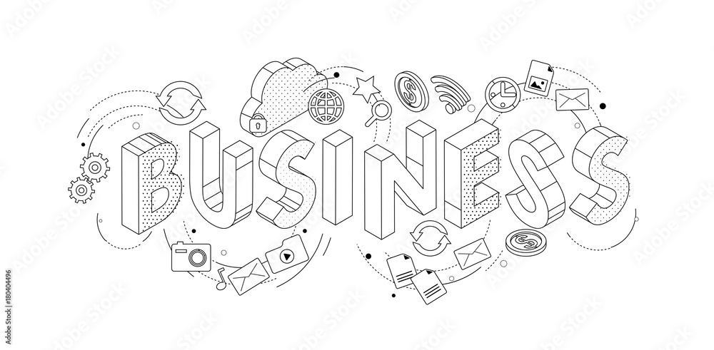 Isometric concept with thin line letters, typography word business with line icons. Isometric concept with thin line letters, typography word business with line icons.