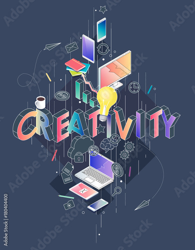 Isometric concept with thin line letters, typography word creativity