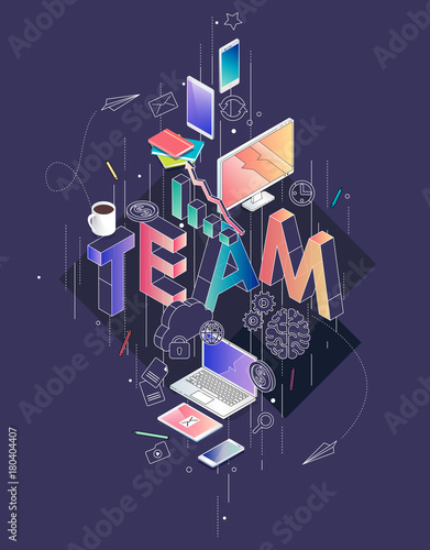 Isometric concept with thin line letters, typography word team
