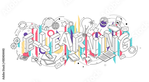 Isometric concept with thin line letters, typography word e-learning
