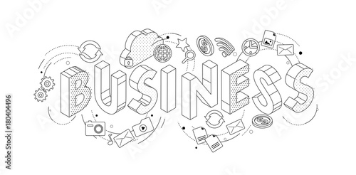 Isometric concept with thin line letters, typography word business with line icons.