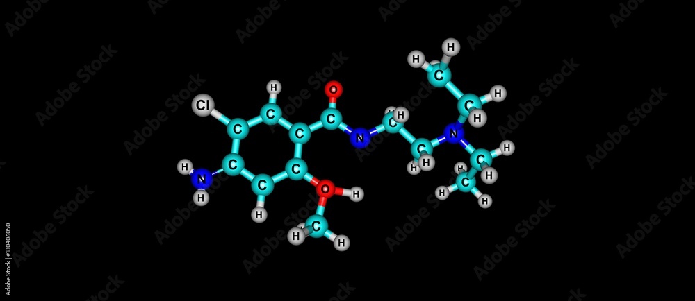 Metoclopramide molecular structure isolated on black