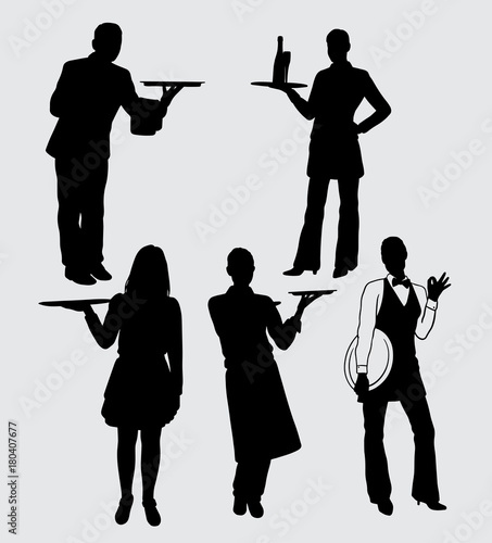 waiter and waitress male and female action silhouette good use for symbol, logo, web icon, mascot, sticker, sign, or any design you want.
