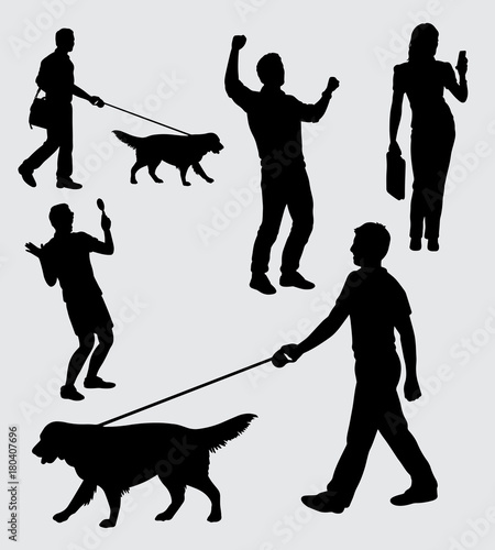Walking with dog, male and female action silhouette. good use for symbol, logo, web icon, mascot, sticker, sign, or any design you want.
