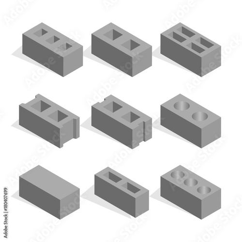 Set of isometric cinder blocks, vector illustration.
