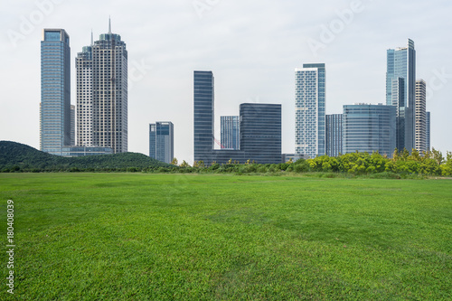 cityscape and skyline of tianjin from meadow in park © hallojulie