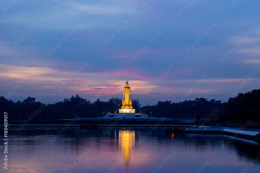 twilight sky and Buddha statue at Phutthamonthon(Buddhist park in Nakhon Pathom Province of Thailand)
