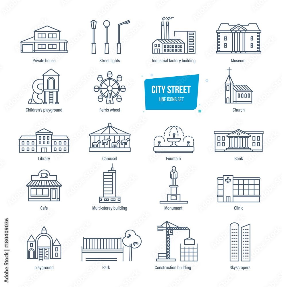 City street line icons set. City landscapes. Buildings, transport, architecture.