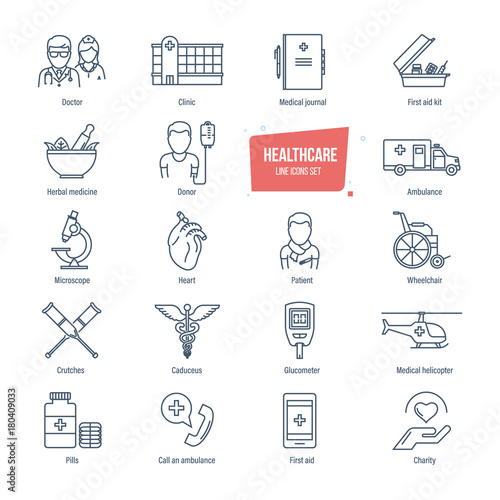 Healthcare line icons set. Healthcare system and medical diagnostic equipment.