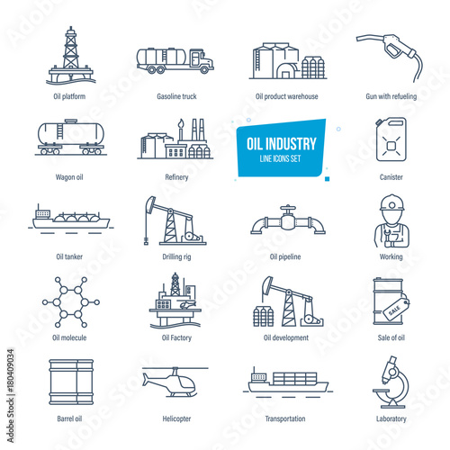Oil industry line icons set. Gas station, factory, transportation, buildings.