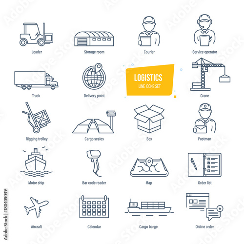 Logistics line icons set. Delivery, logistics. Packing, shipping, transportation, tracking.