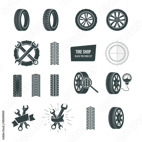 Tire shop concept. Black tire icons set. Service, diagnostics, replacement.