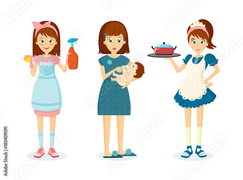 Housewife woman removes dust, feeds of child, prepares food.