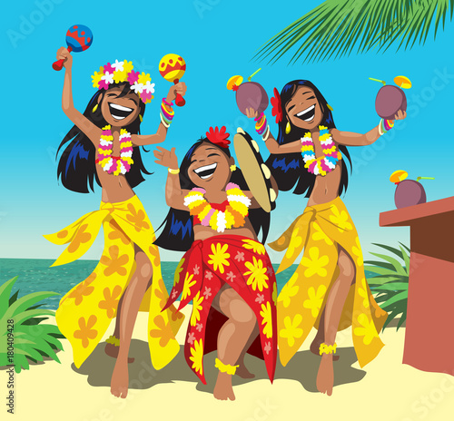 Havaii party. Three young hula girls dancing on the beach with a cocktail. Cartoon vector illustration