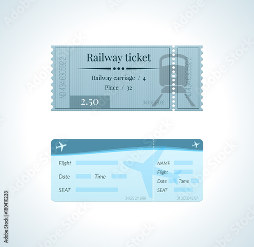 Ticket for train, and a ticket for an airplane flight.