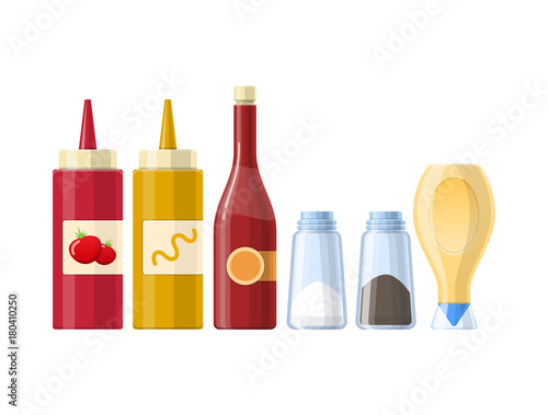 Set of sauces, spices and condiments, in different realistic bottles.