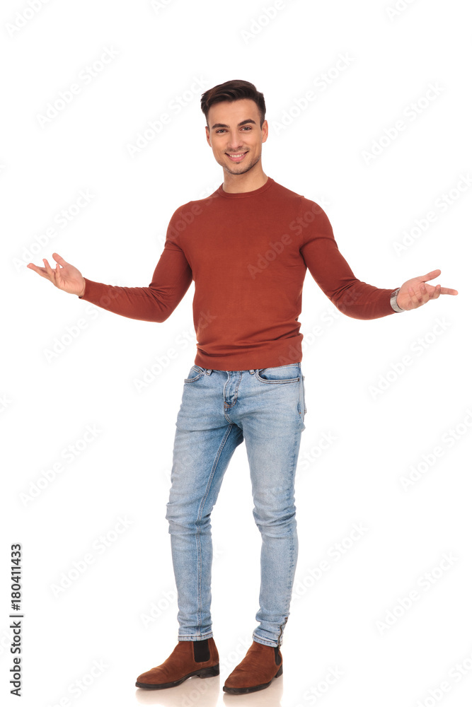 happy fit casual man welcoming happy fit casual man welcoming