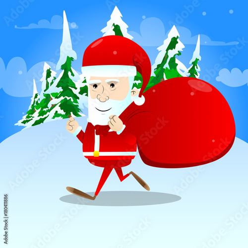 Santa Claus character carrying sack. Vector cartoon illustration.
