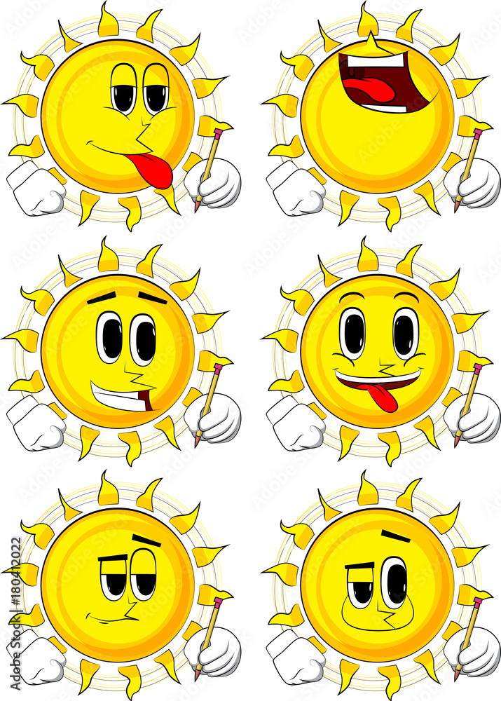 Cartoon sun writing with pencil. Collection with happy faces. Expressions vector set.