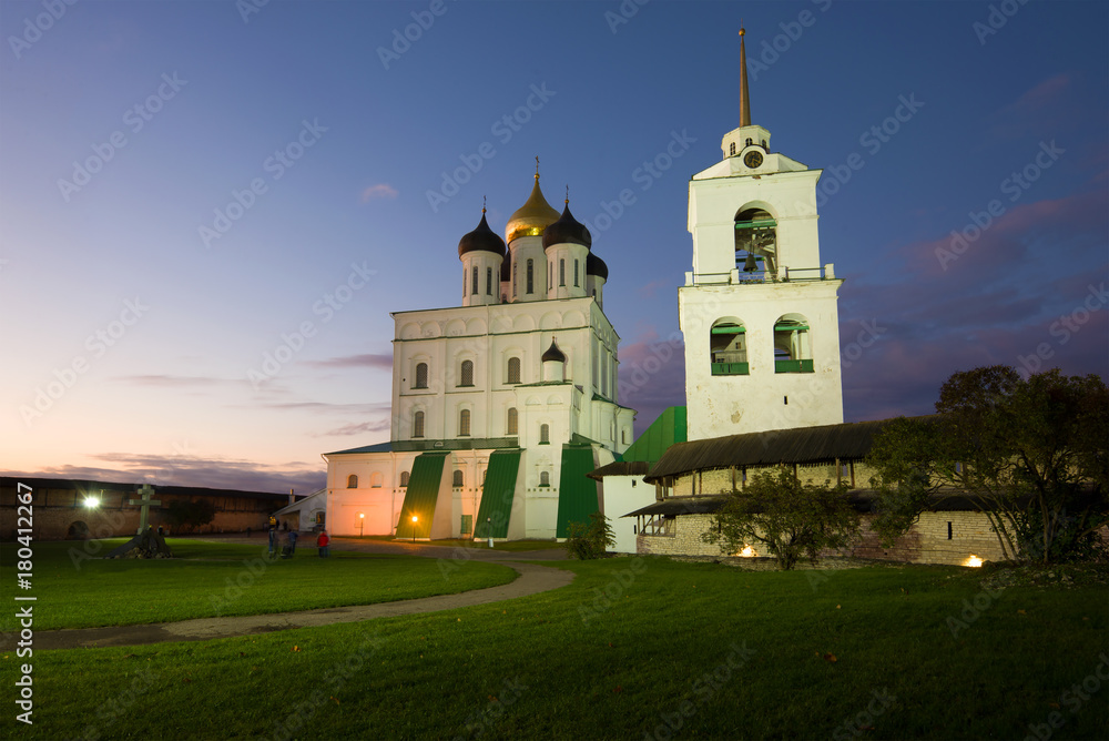 Trinity Cathedral in the Pskov Kremlin in the October twilight. Pskov, Russia