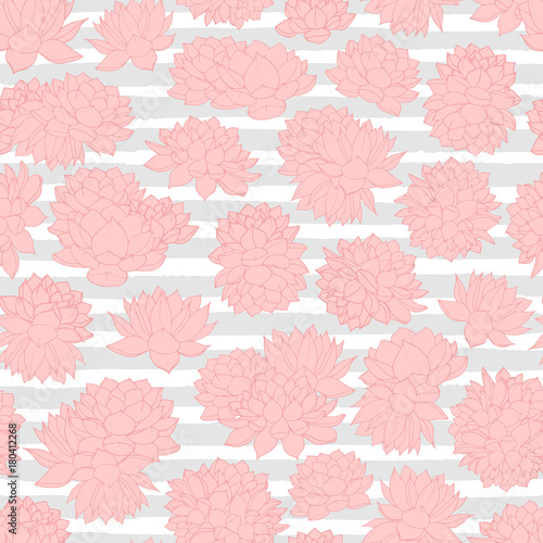 Hand drawn vector pink lilies seamless pattern on gray stripped background. Vintage floral design.