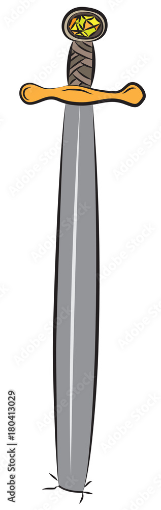 Great sharp sword with big crystal in hand pounded on ground Great sharp sword with big crystal in hand pounded on ground