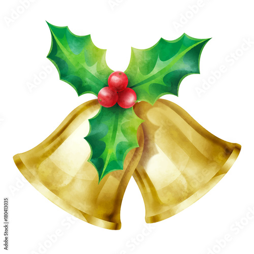 Christmas ornament, Bells and holly vector illustration isolated on white background for design elements