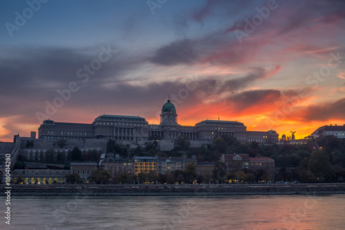 Budapest, Hungary - Dramatic sunset and colorful sky and clouds over the famous Buda Castle Royal Palace