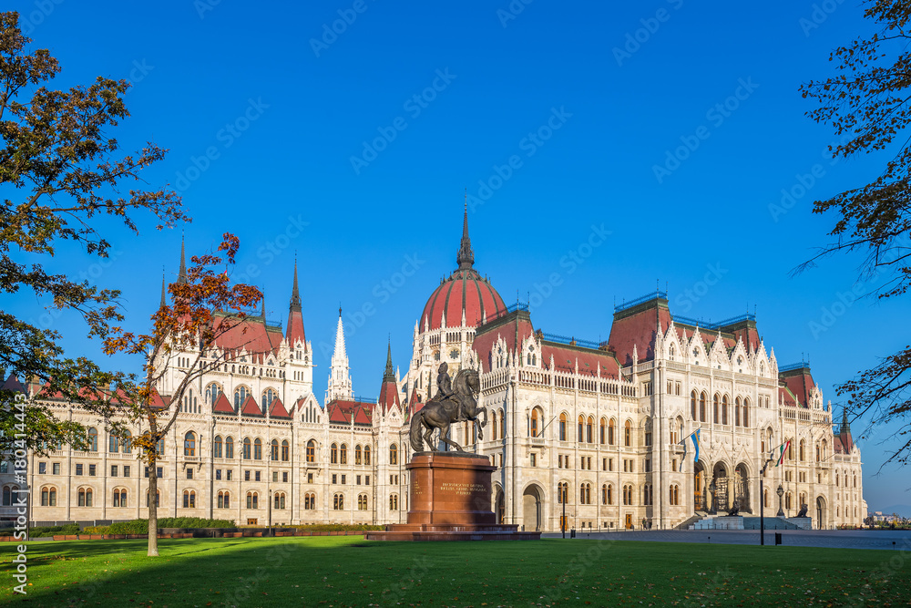 Budapest, Hungary - The Hungarian Parliament at early in the morning with the horse statue of Ferenc Rakoczi. Clear blue sky
