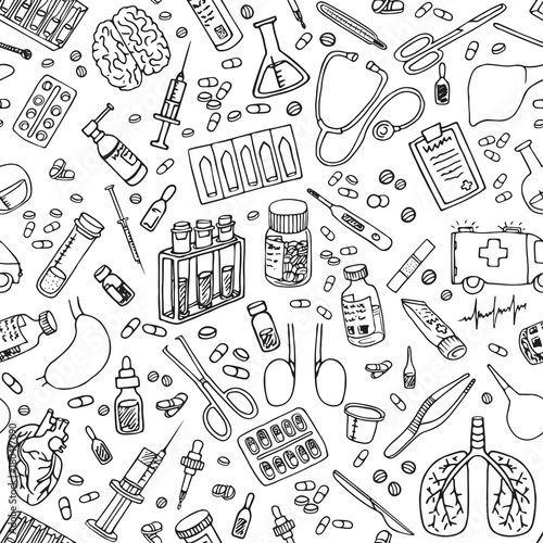 medicine doodle seamless pattern