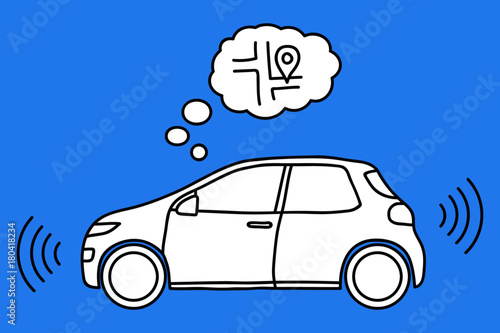 Hand drawn doodle of a self driving, driverless car with sensor and map thought cloud. White filled line art.