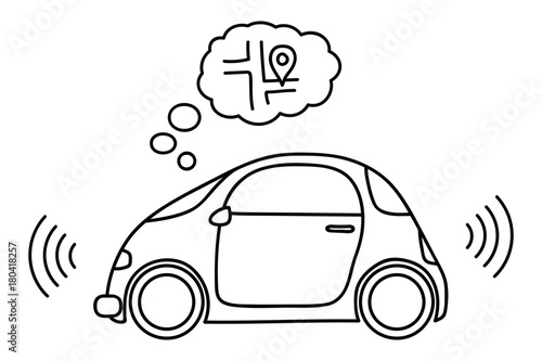Hand drawn doodle of a self driving, driverless car with sensor and map thought cloud. Unfilled line art.